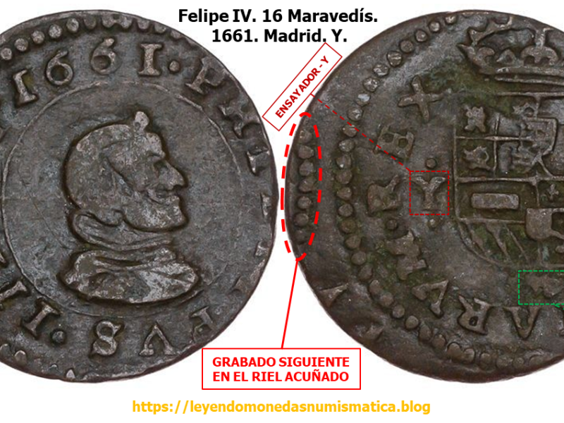 16 Maravedíes. 1661. Y. MD. Madrid. ACUÑACION A MOLINO.